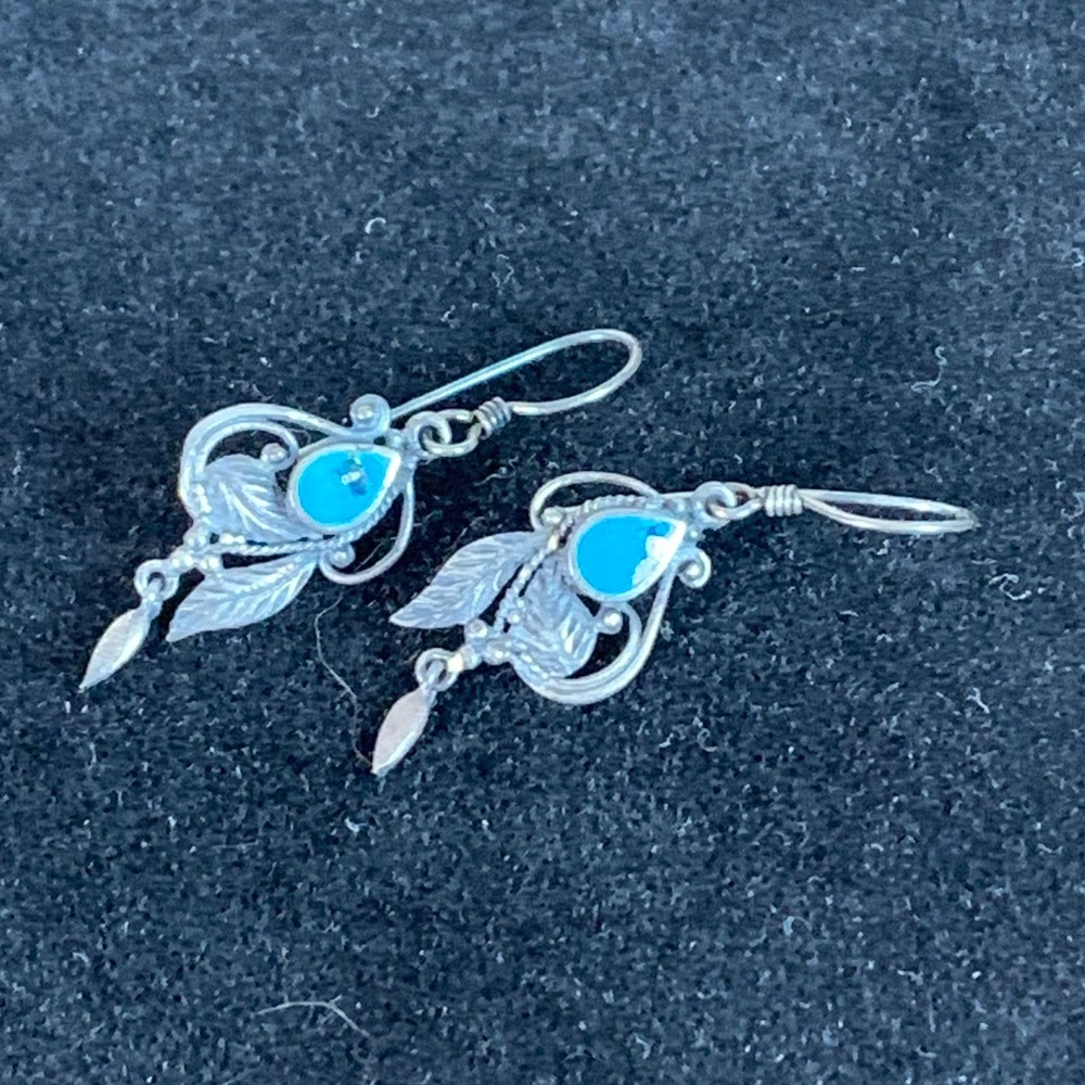 Vintage Sterling Silver 925‎ Turquoise Leaf Filigree Dangle Drop Earrings